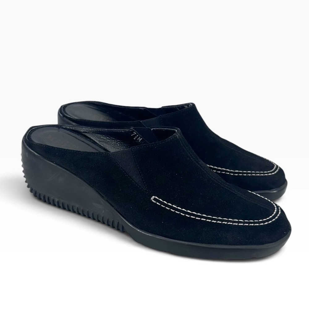 Sesto Meucci Vintage Black Suede Mules Womens 7.5 M Slip On Wedge Shoes Italy